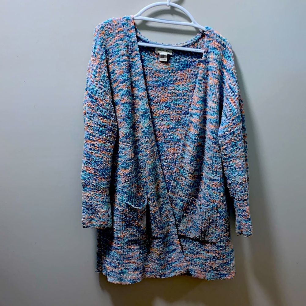Blue and coral knobby knit sweater